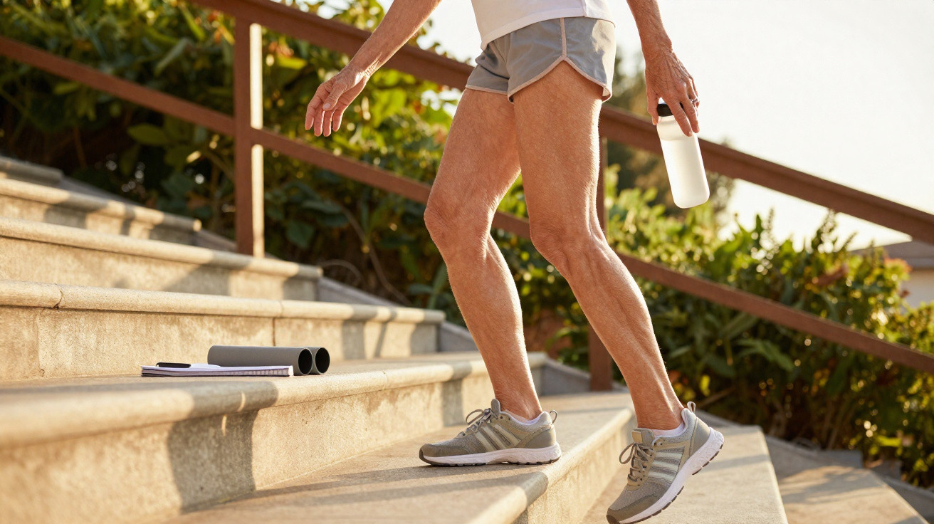 Ältere Person in Sportschuhen läuft Treppen hoch mit Wasserflasche in der Hand bei Sonnenschein.