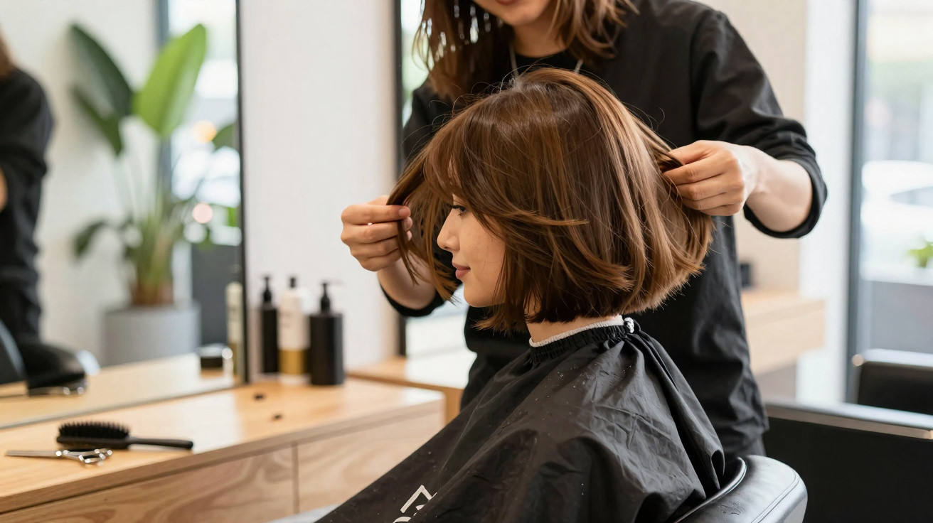 Frau sitzt beim Friseur, während Friseurin ihr braunes Haar schneidet und stylt.