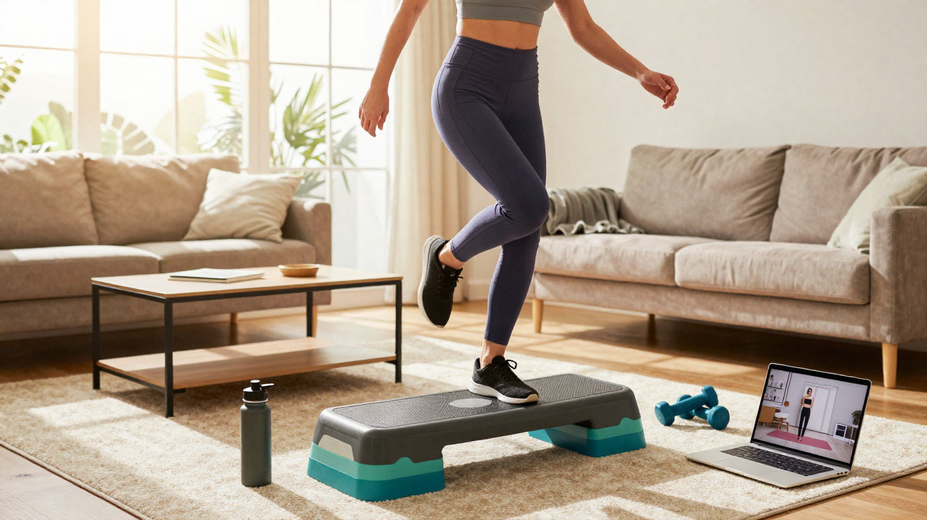 Frau macht Step-Aerobic vor Laptop mit Fitnessvideo in einem hellen Wohnzimmer.