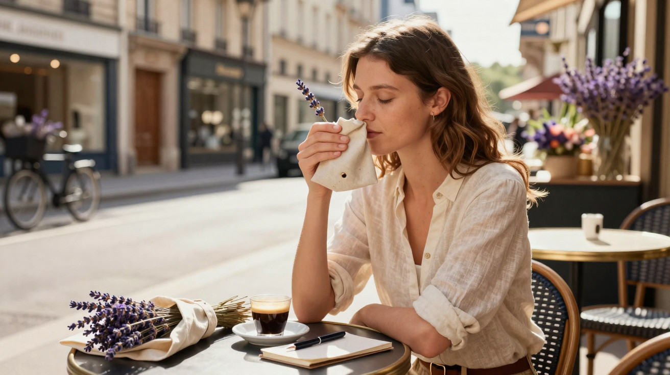 Frau riecht an Lavendelduftsäckchen an Straßencafé-Tisch mit Kaffee, Schreibblock und Stift.