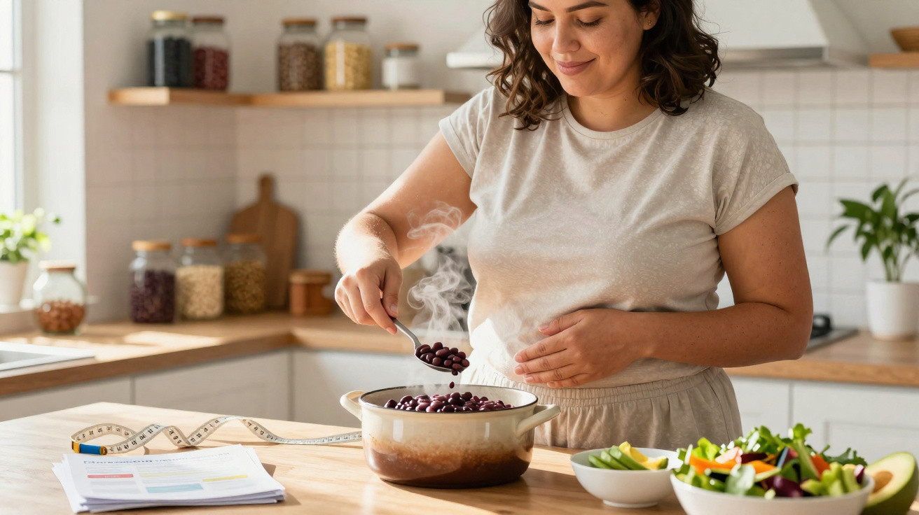 Schwangere Frau kocht Bohnen in einem Topf in der Küche, mit Salat und Maßband auf der Arbeitsplatte.