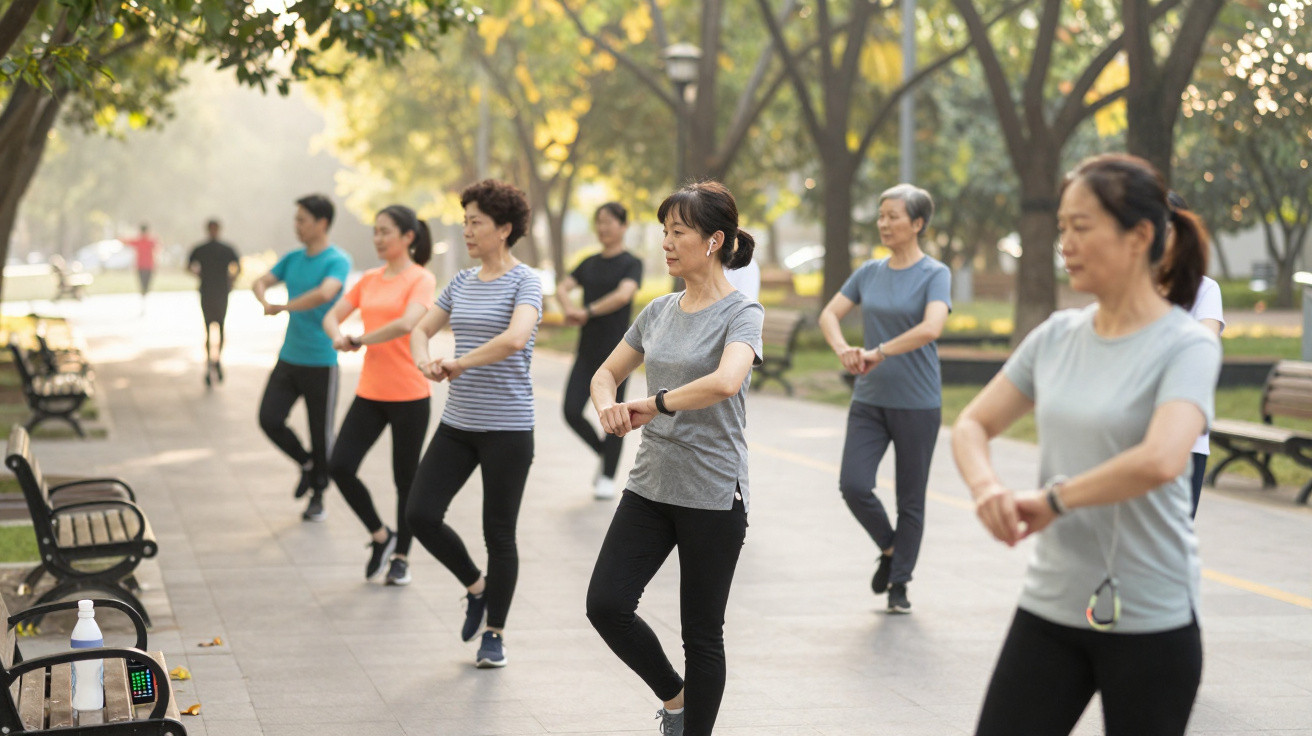 Gruppe von Frauen unterschiedlichen Alters macht Tai Chi Übungen im sonnigen Park auf breitem Gehweg.