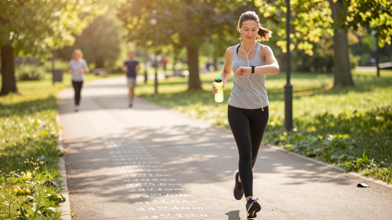Frau joggt im Park, schaut auf ihre Sportuhr, trägt Sportkleidung und hält eine Wasserflasche in der Hand.