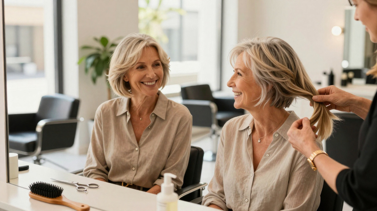 Zwei Frauen lächeln im Friseursalon, eine bekommt gerade eine neue Frisur vom Friseur.