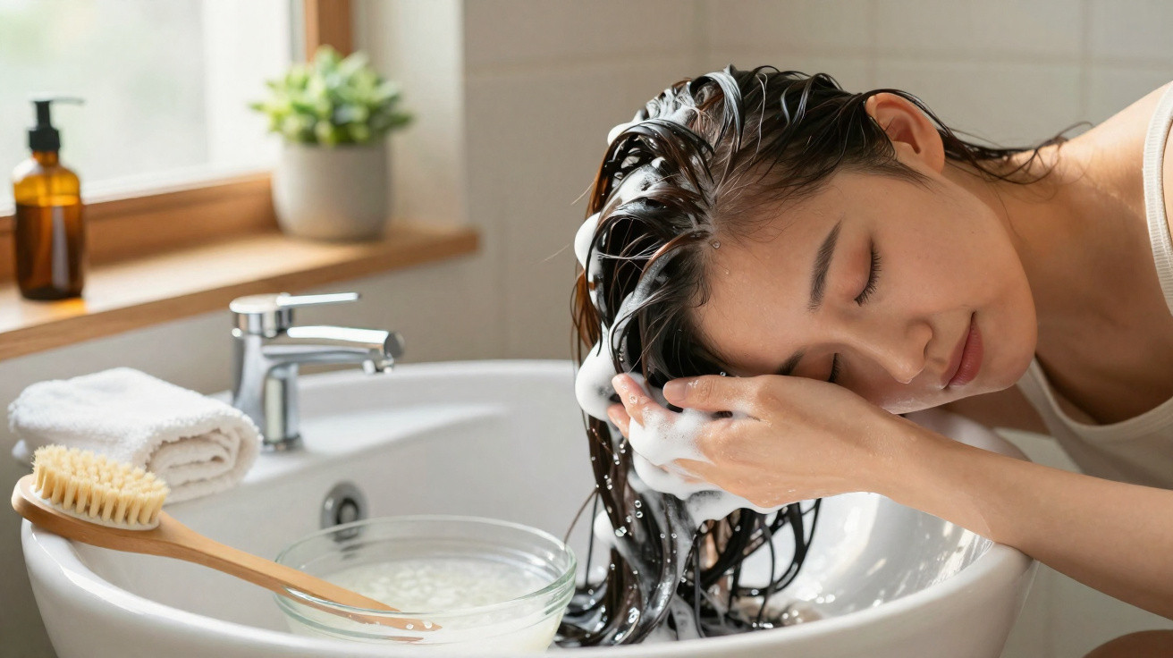 Frau wäscht Haare im Waschbecken, Schaum im nassen Haar, Badezimmer mit Handtuch und Bürste am Waschbecken.