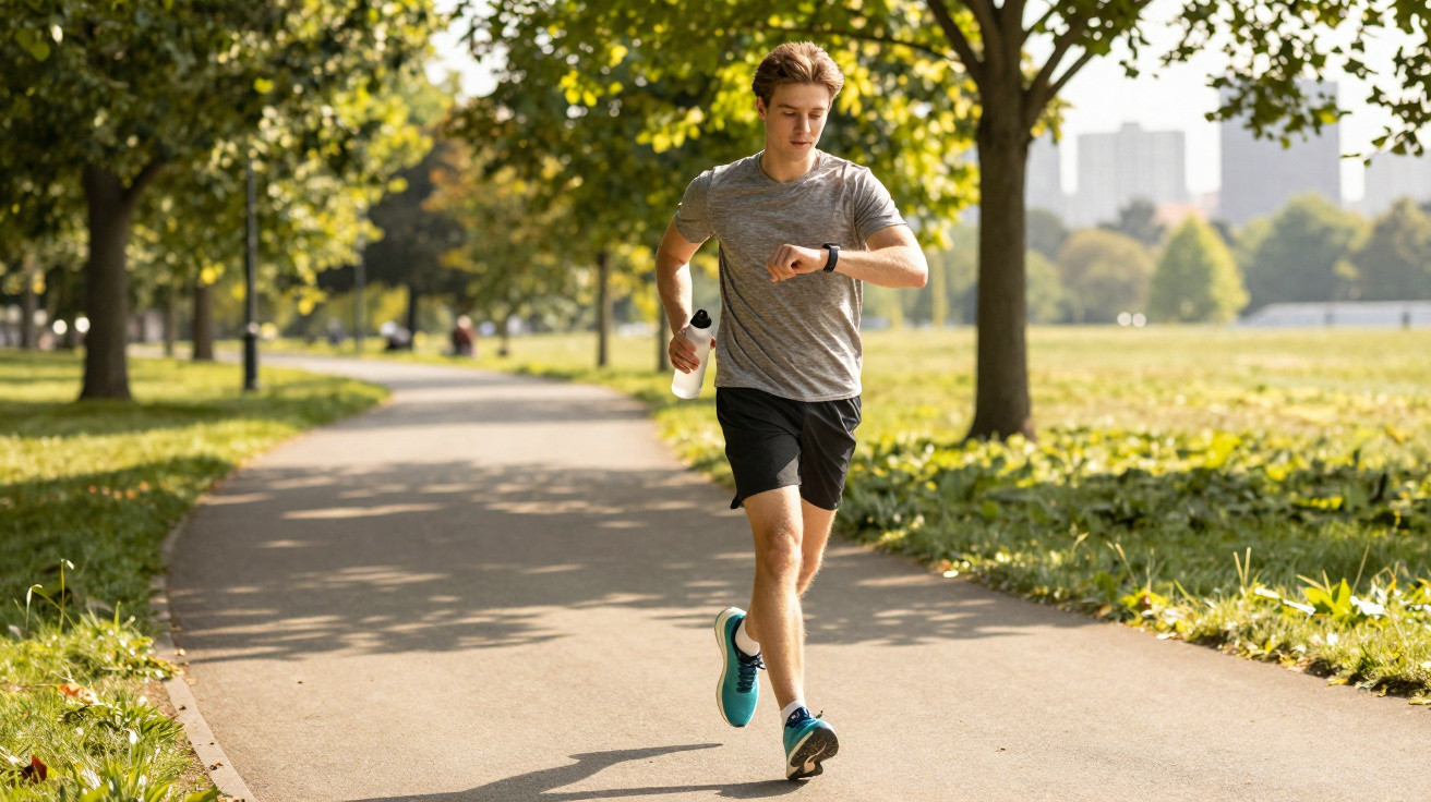 Junger Mann joggt im Park und schaut auf seine Sportuhr, trägt Sportkleidung und hält eine Wasserflasche.