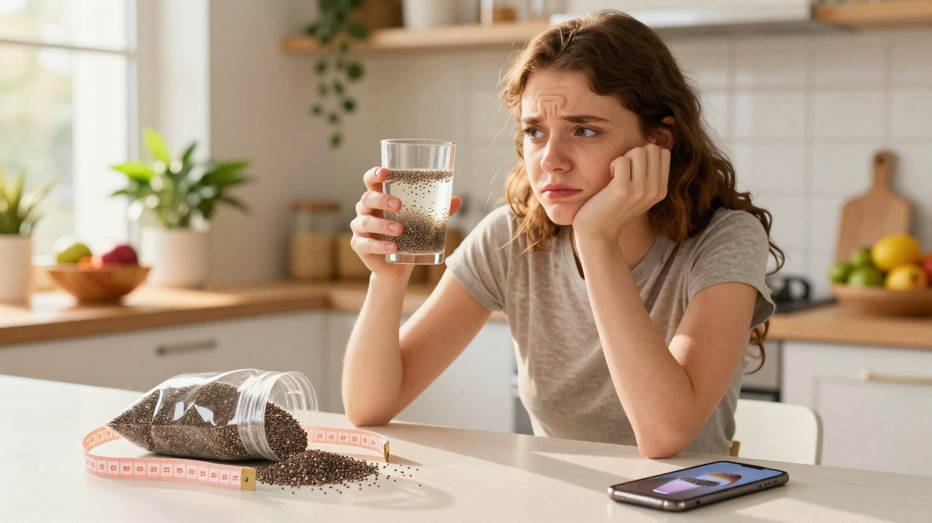 Junge Frau schaut skeptisch auf ein Glas Wasser mit Chiasamen, sitzt am Küchentisch mit verstreuten Samen.