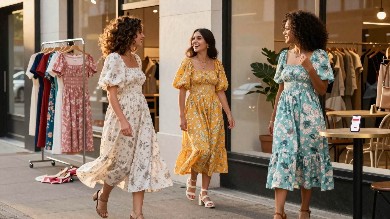 Drei Frauen in bunten Blumenkleidern gehen lachend vor einem Kleidungsgeschäft spazieren.