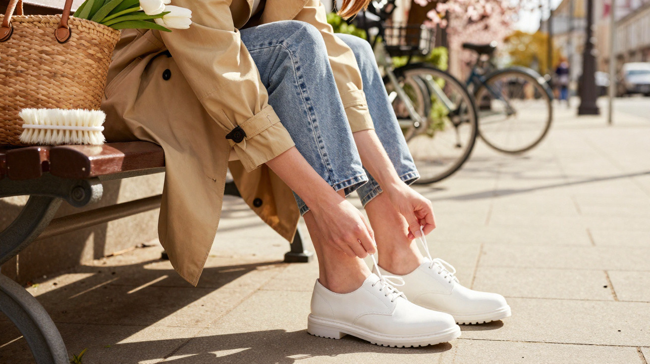 Person sitzt auf einer Bank und schnürt weiße Schuhe, neben ihr ein Korb mit Tulpen.