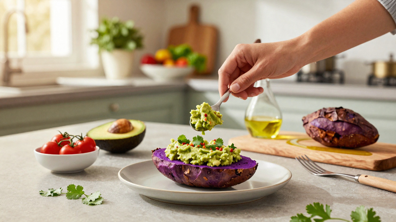 Hand füllt gebackene violette Süßkartoffel mit Guacamole, daneben Avocado und Tomaten in heller Küche.