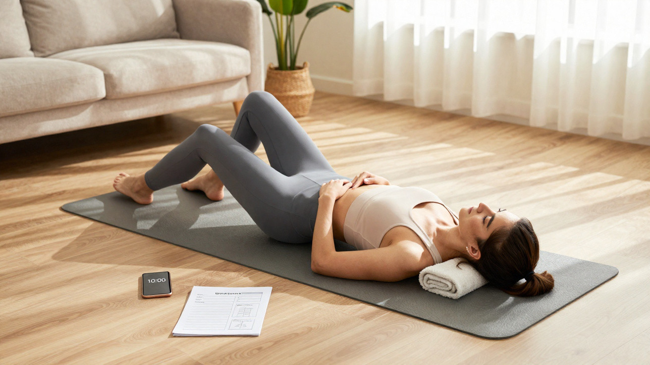 Frau liegt entspannt auf Yogamatte mit Handtuch unter Kopf, macht Bauchübungen im hellen Wohnzimmer.