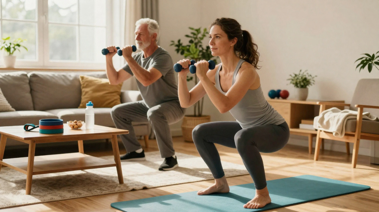 Junge Frau und älterer Mann trainieren mit Hanteln beim Heimworkout im Wohnzimmer.