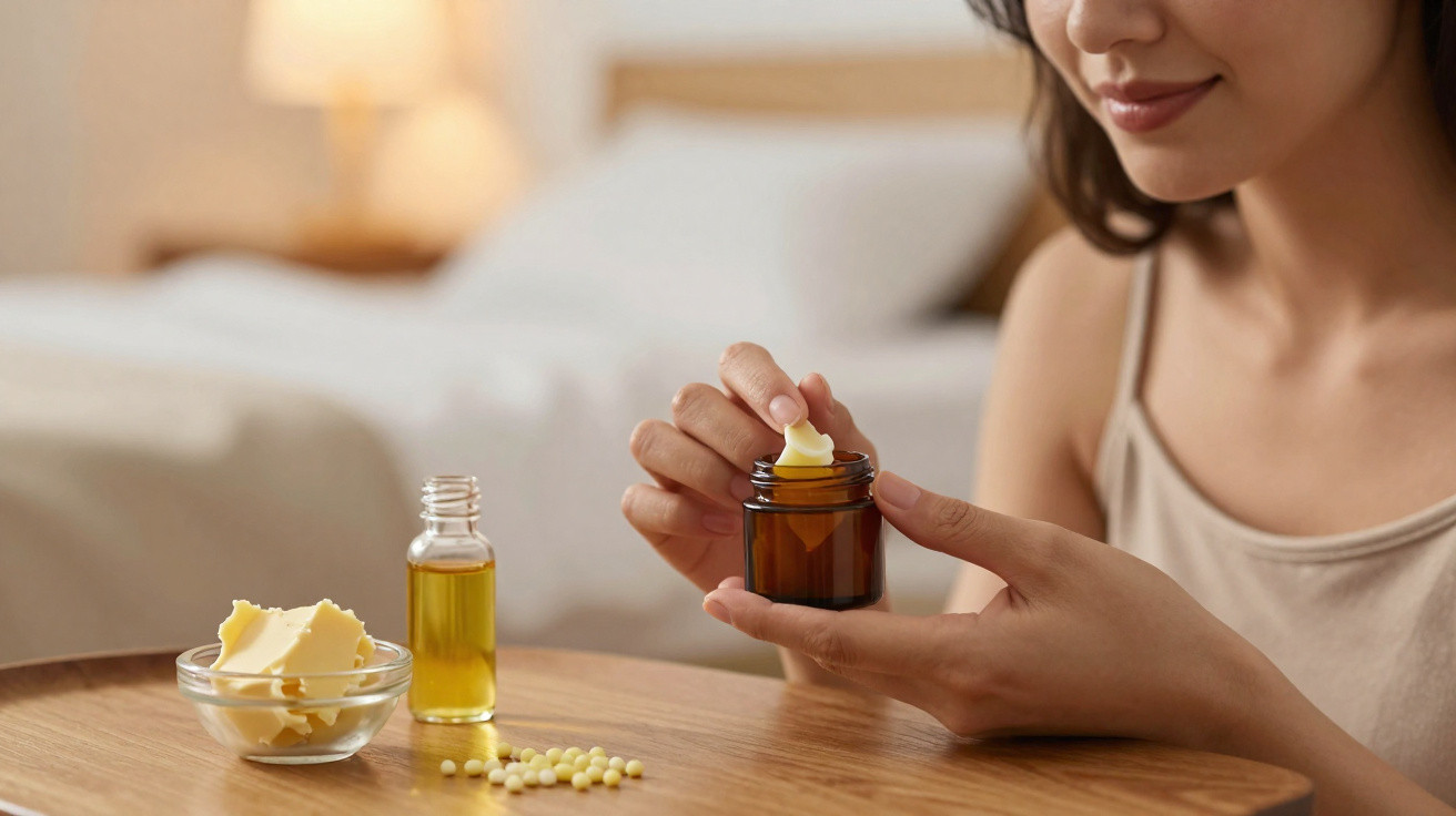 Frau trägt Creme aus braunem Tiegel auf Finger auf, daneben Ölflasche, Butter und Tabletten auf Holztisch.