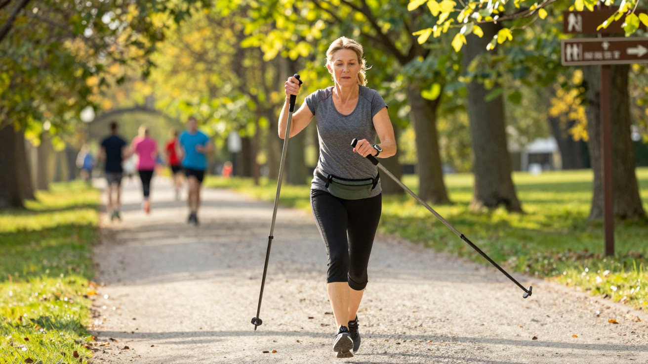 Frau beim Nordic Walking auf einem Parkweg, im Hinter­grund joggen weitere Personen.