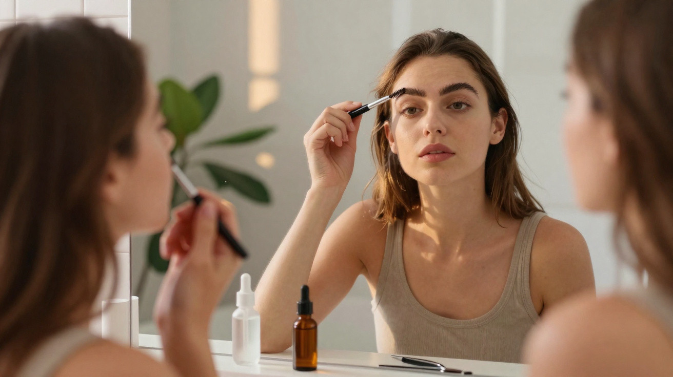 Frau trägt vor Spiegel Augenbrauen-Make-up auf, umrahmt von einer Pflanze und Kosmetikprodukten auf dem Tisch.