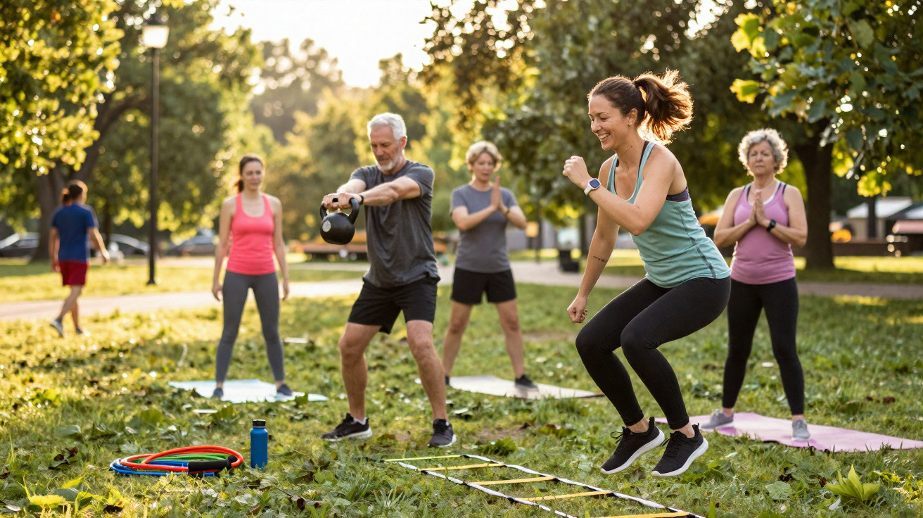 Fünf Menschen trainieren gemeinsam im Park mit Springen, Kettlebell und Dehnübungen am Nachmittag.