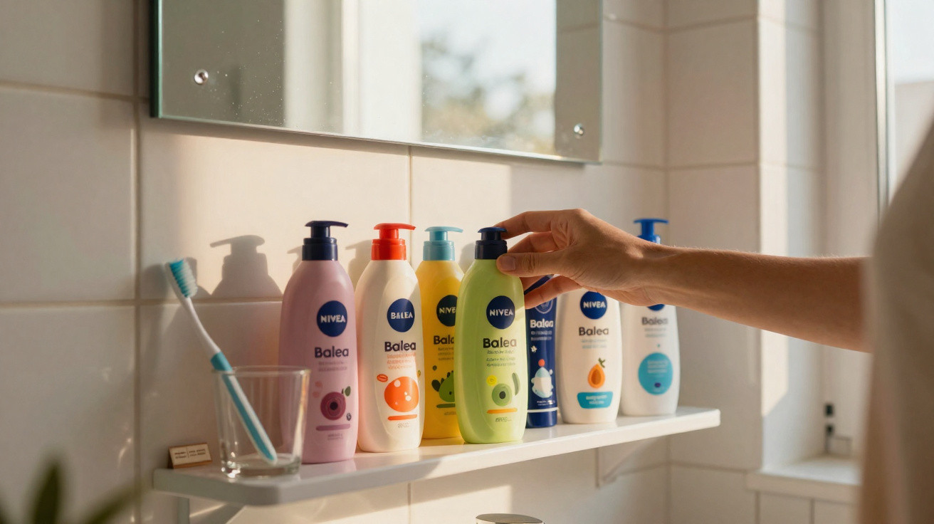Hand greift nach grüner Lotionflasche auf Badezimmerregal mit verschiedenen Balea und Nivea Pflegeprodukten