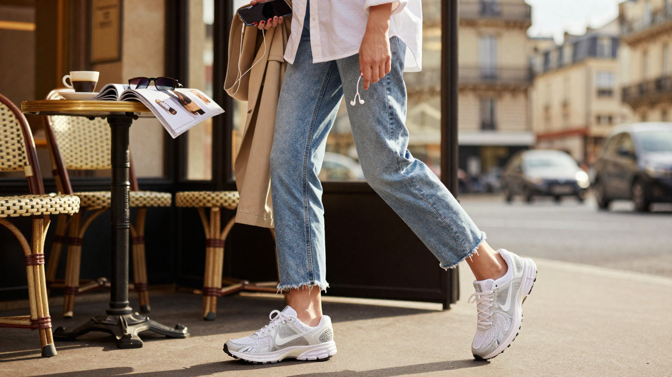 Frau in weißen Sneakers und Jeans geht an einem Straßencafé mit Tisch, Stühlen und Kaffee vorbei.