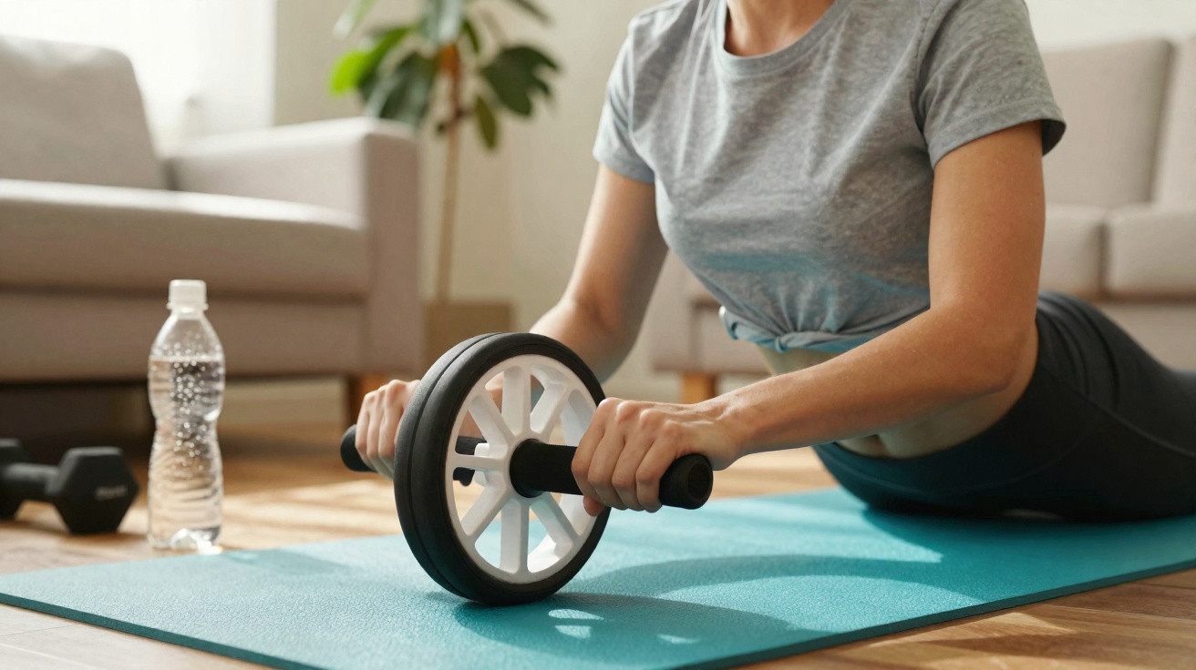 Frau trainiert mit einem Bauchroller auf Yoga-Matte in Wohnzimmer mit Wasserflasche und Hanteln im Hintergrund.