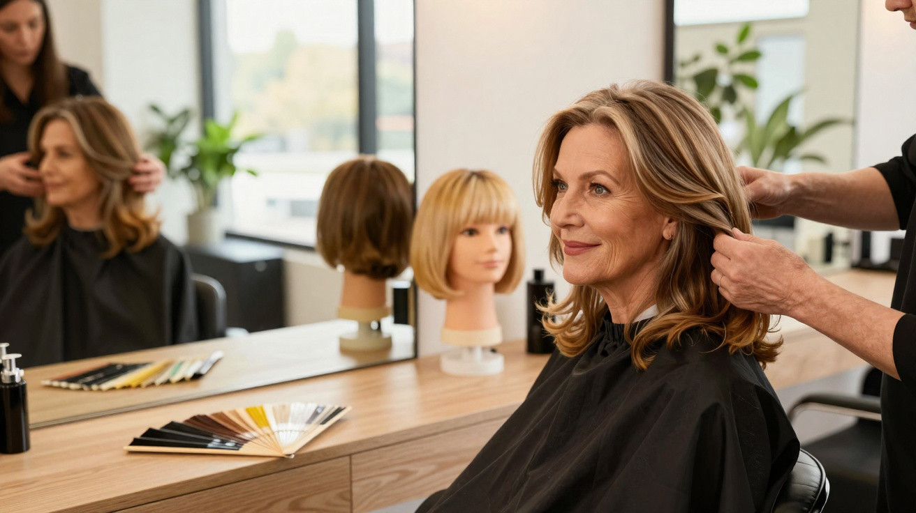 Ältere Frau sitzt lächelnd im Friseursalon, während Friseur ihr Haar stylt, Perücke im Hintergrund.