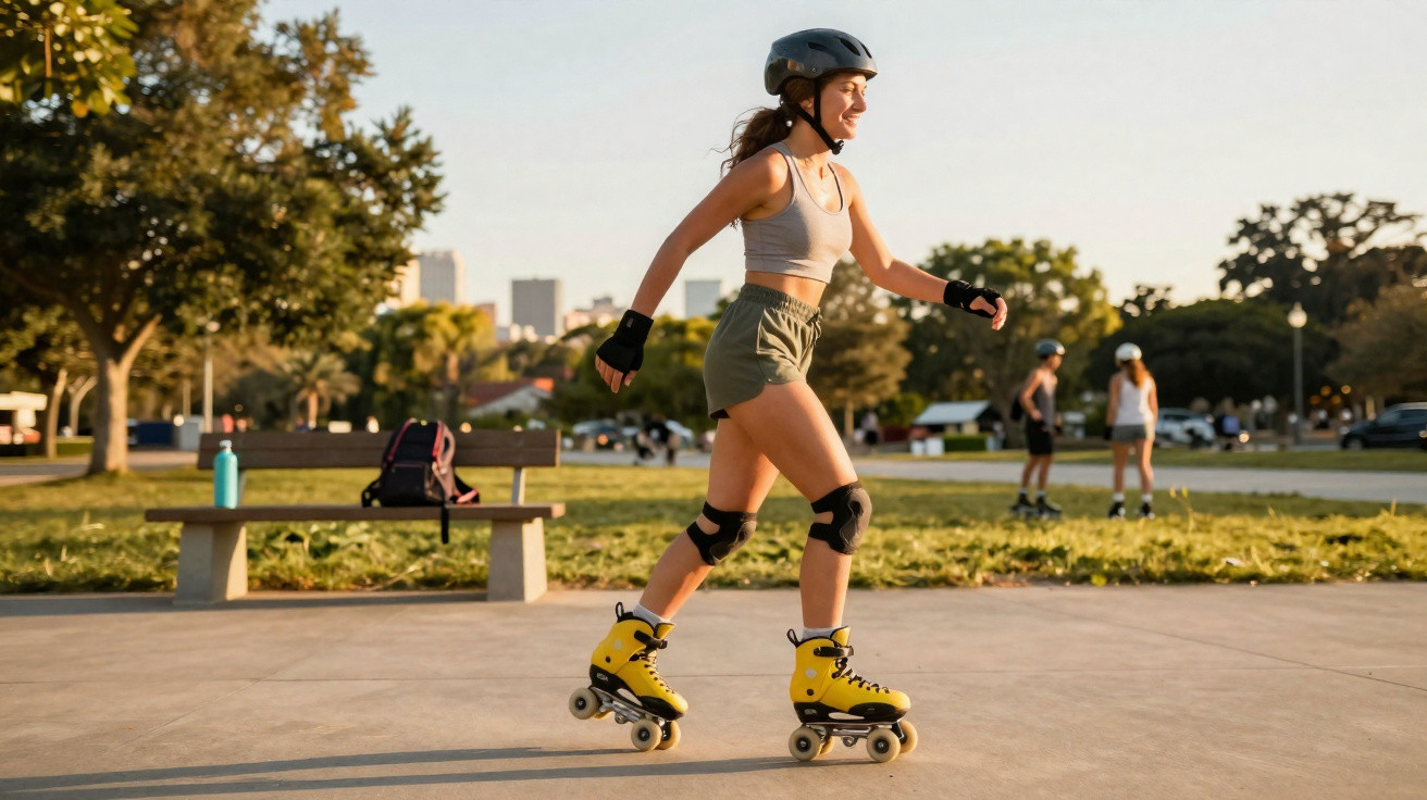 Frau rollschuhfahrend im Park mit Schutzhelm, Knieschonern und Handschuhen bei Sonnenuntergang.