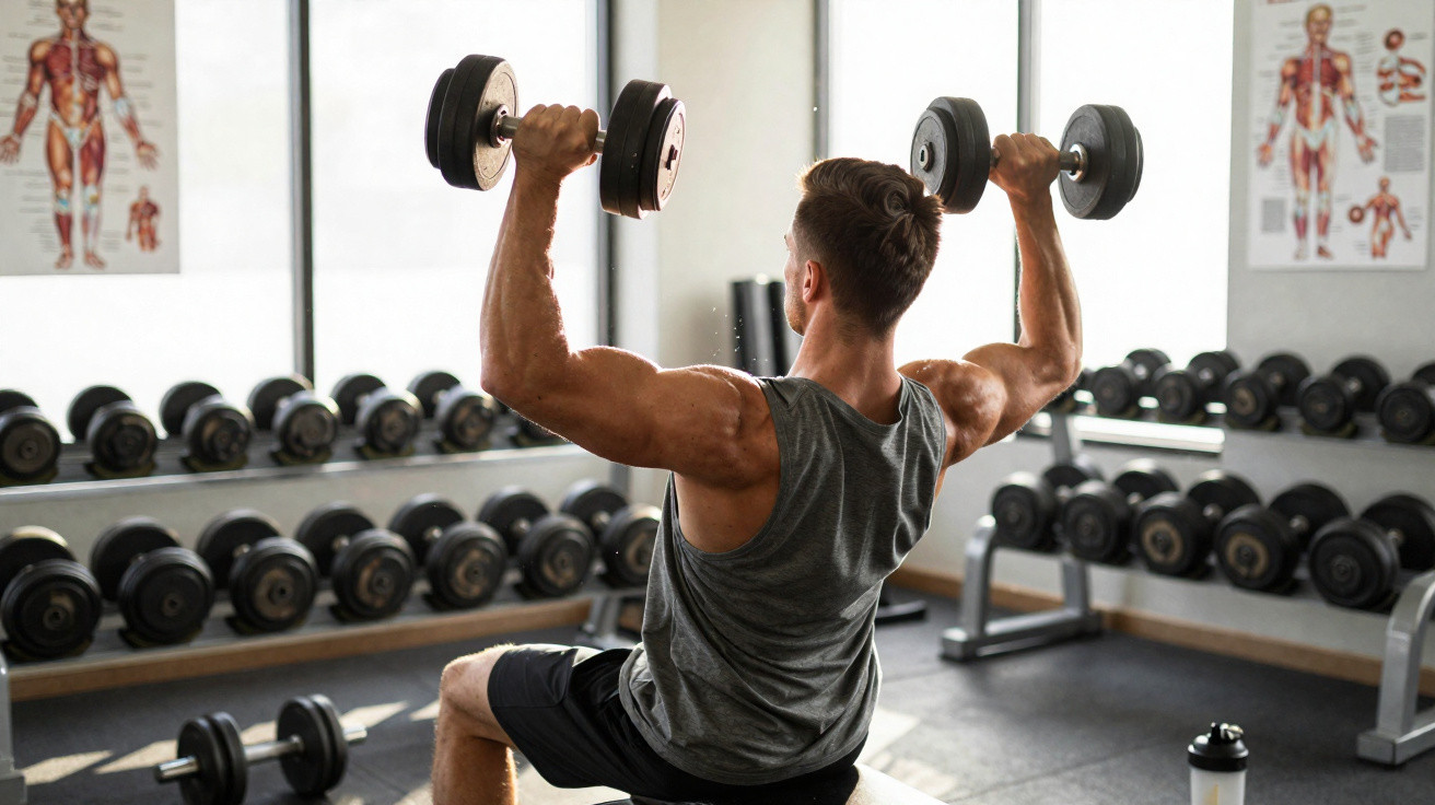 Mann trainiert Schultern mit Kurzhanteln vor Spiegel im Fitnessstudio mit Muskelanatomie-Postern.