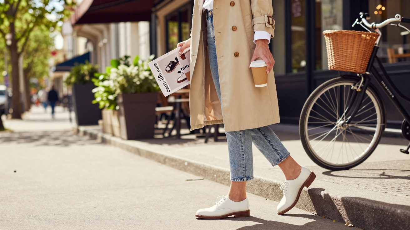 Frau mit beigem Trenchcoat, Jeans und weißen Schuhen hält Buch und Kaffeebecher auf städtischem Bürgersteig.