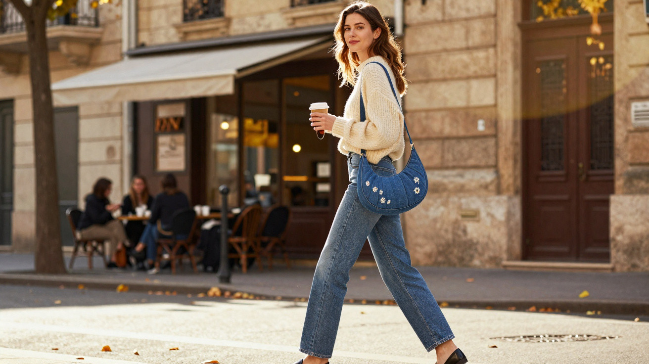 Frau mit hellbeigem Pullover und blauer Tasche geht mit Kaffee in der Hand über die sonnige Straße vor Café.