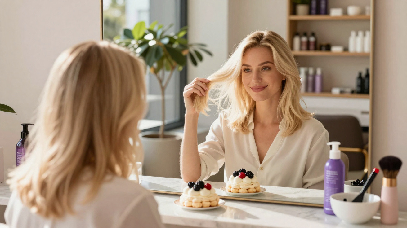 Frau sitzt vor Spiegel, spielt mit Haaren, vor ihr ein Dessert mit Beeren auf dem Tisch.