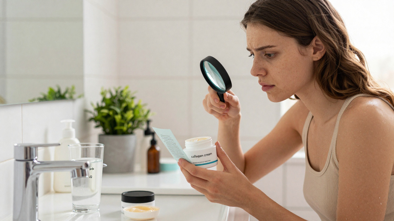 Frau im Badezimmer liest aufmerksam mit Lupe die Zutaten einer Collagen-Creme auf der Produktverpackung.