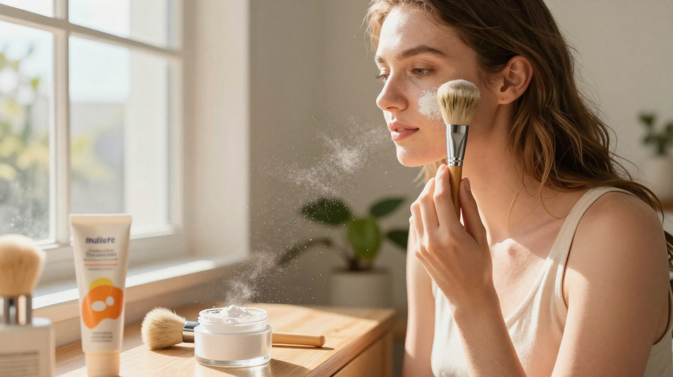 Frau trägt mit Pinsel Puder auf ihr Gesicht auf, sitzend an sonnigem Fenster mit Make-up-Produkten.