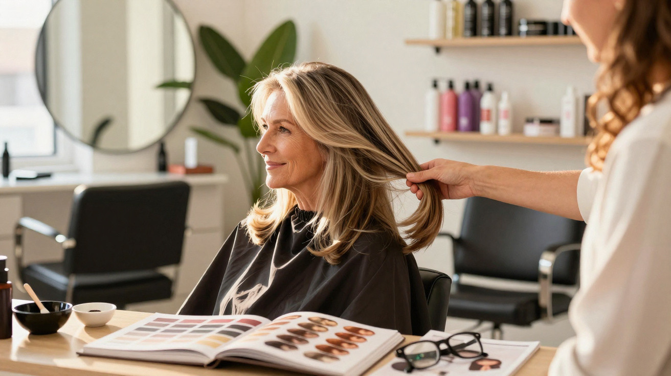 Frau im Friseursalon lässt sich von Frisörin an den blonden Haaren beraten, Haarfarbenfächer liegt auf Tisch.