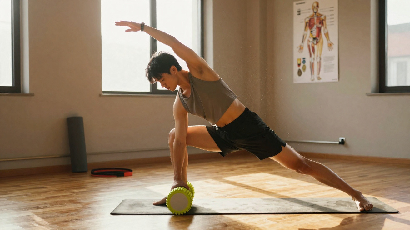 Junger Mann dehnt sich mit Faszienrolle auf Yogamatte in hellem Raum mit Anatomieposter.