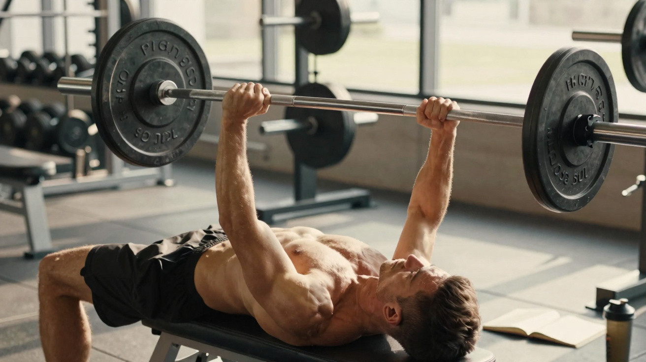 Muskulöser Mann hebt Langhantel auf Trainingsbank im Fitnessstudio bei Tageslicht.