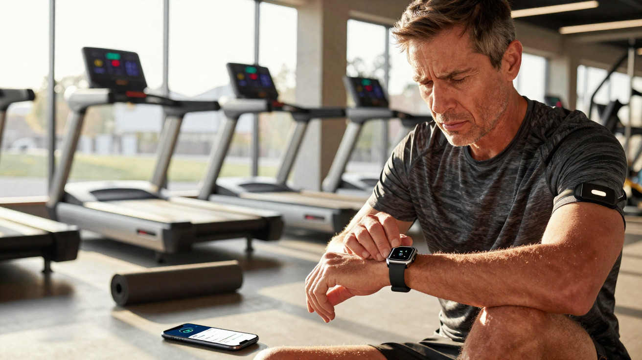 Mann im Fitnessstudio sitzt auf Boden und schaut konzentriert auf Smartwatch am Handgelenk.