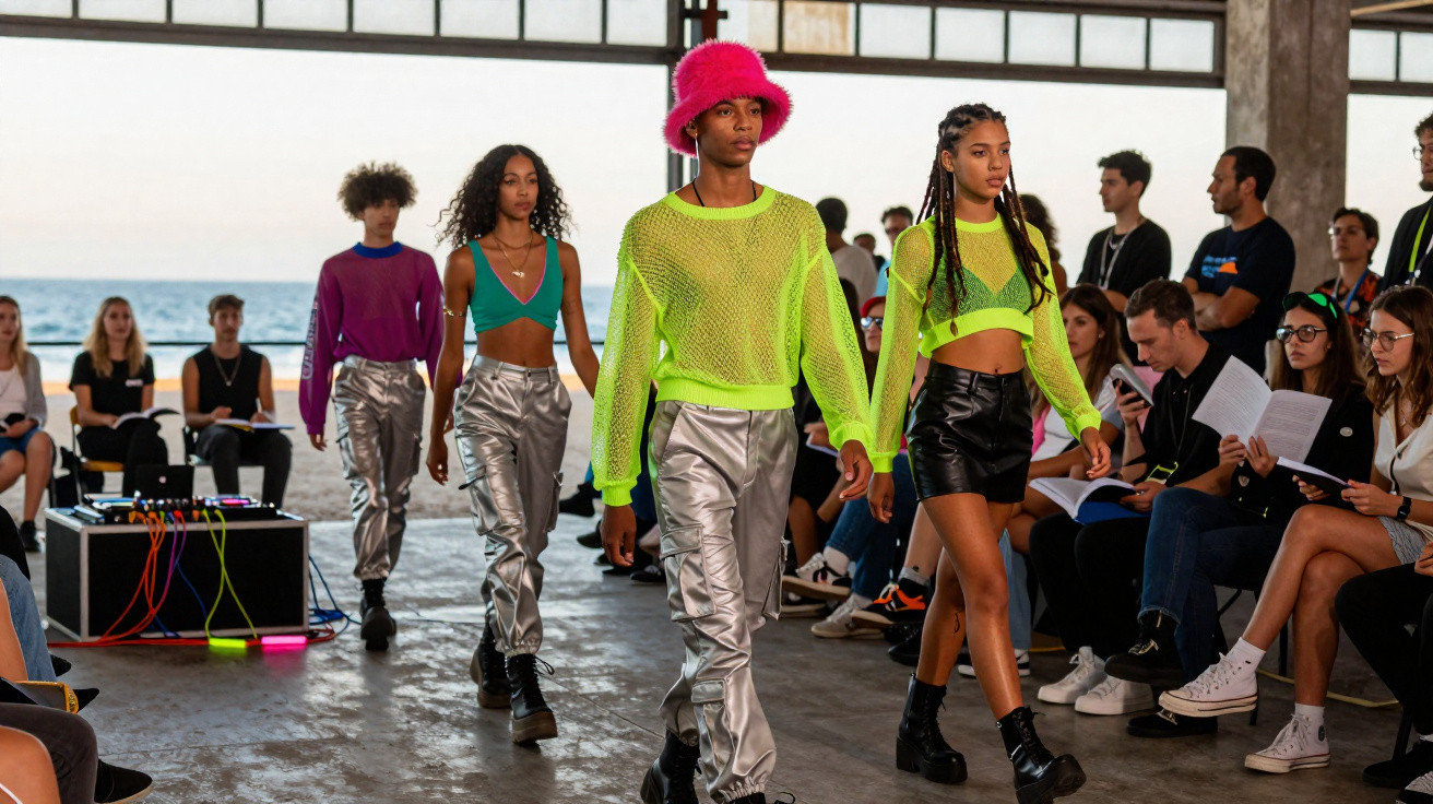Jugendliche Models präsentieren futuristische Mode mit Neonfarben und Metallic-Hosen auf Laufsteg vor Publikum.