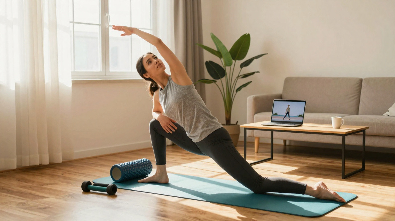 Frau macht Dehnübungen auf Yogamatte im Wohnzimmer, neben Schaumstoffrolle und Hantel, Laptop zeigt Workout.