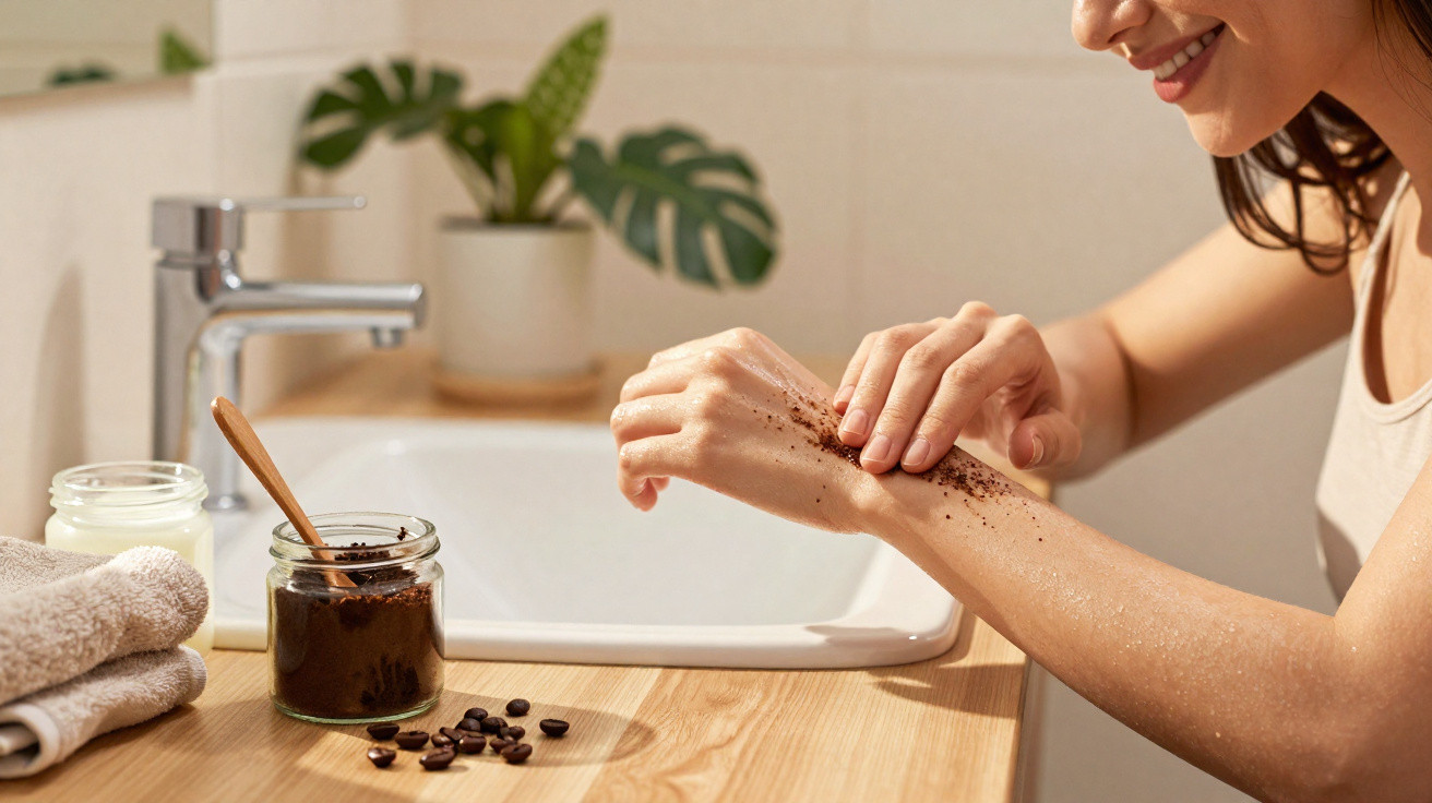 Frau trägt Kaffeesatz-Peeling auf Unterarm auf, sitzend am Waschbecken mit Handtuch und Pflanzen im Hintergrund.