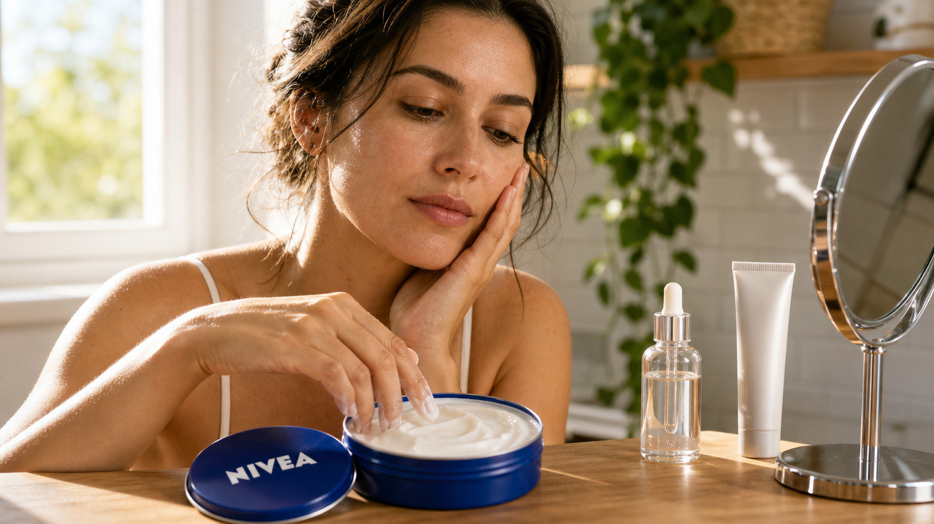 Frau nimmt Nivea-Gesichtscreme aus Dose, neben weiteren Hautpflegeprodukten und Kosmetikspiegel auf Holzplatte.