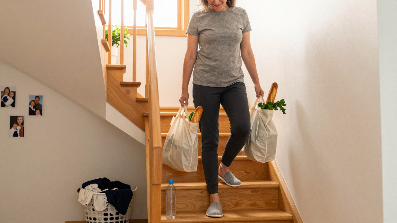 Frau trägt Einkaufstaschen mit Baguette und Gemüse die Treppe im Haus hinunter.