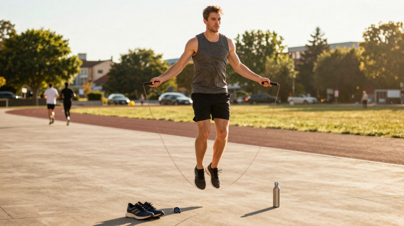 Junger Mann springt im Freien mit einem Springseil auf einem Sportplatz bei Sonnenlicht.