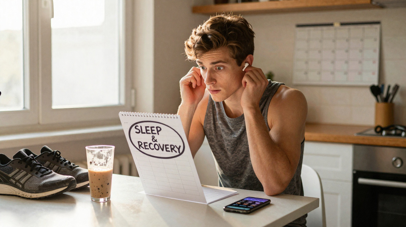 Junger Mann legt AirPods an, sitzt am Tisch mit Notizblock "Sleep & Recovery" und Sportausrüstung im Hintergrund.