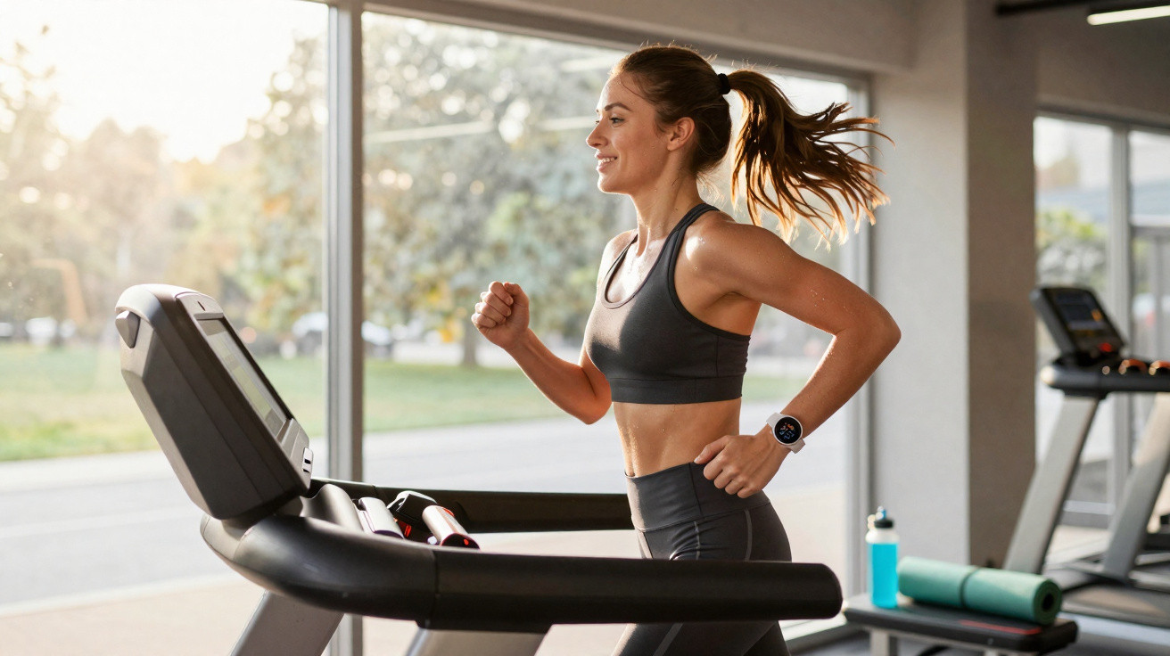 Frau läuft auf Laufband im Fitnessstudio mit Sportbekleidung und Smartwatch bei Tageslicht.