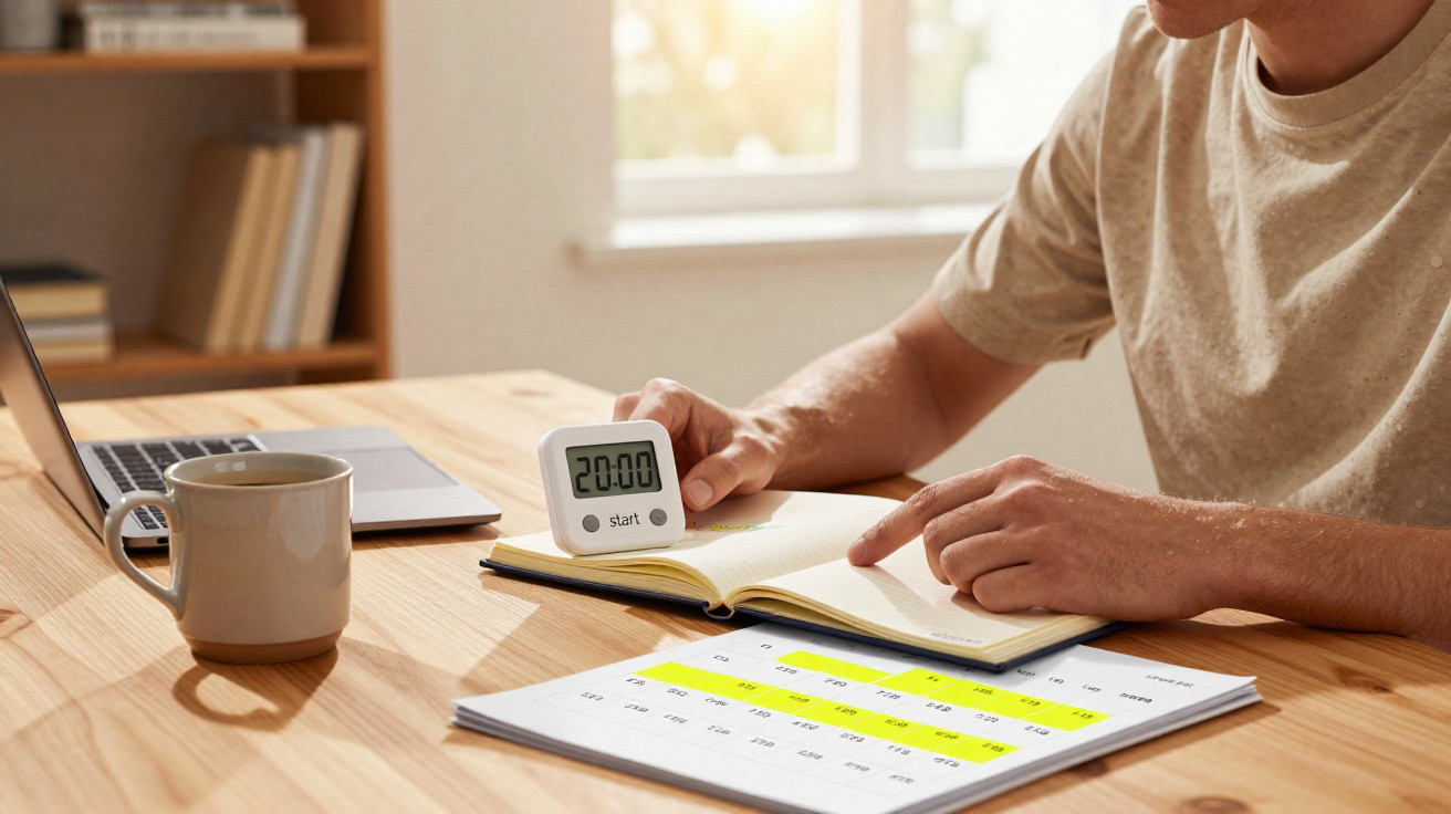 Person nutzt einen Timer, schreibt in Notizbuch, moderner Schreibtisch mit Laptop, Kaffeetasse und Kalender.