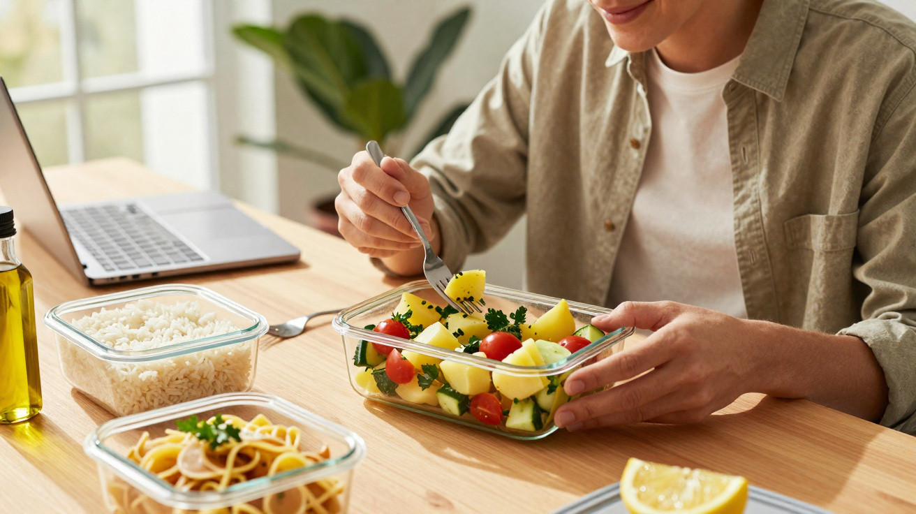 Person isst bunten Kartoffelsalat aus Glasbehälter am Holztisch mit weiteren Mahlzeiten und Laptop.