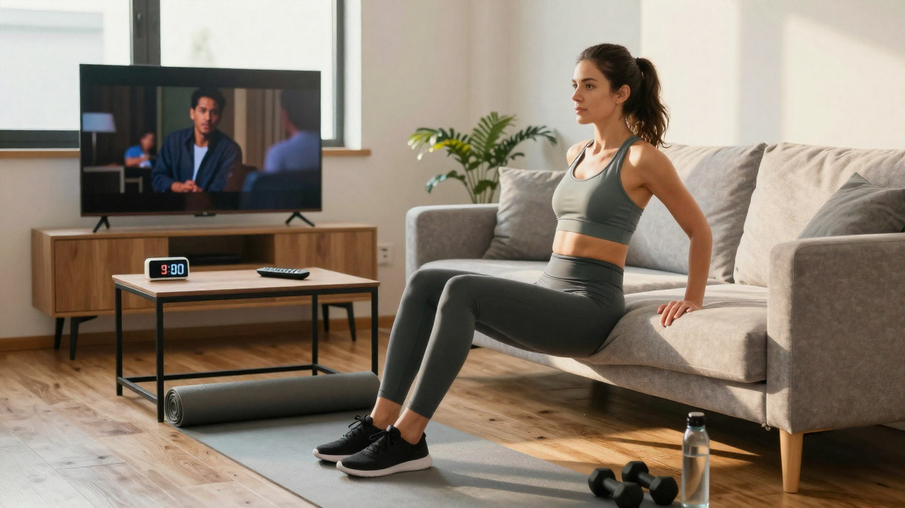 Frau macht Trizeps-Dips auf Sofa im Wohnzimmer während ein Fernseher im Hintergrund läuft.