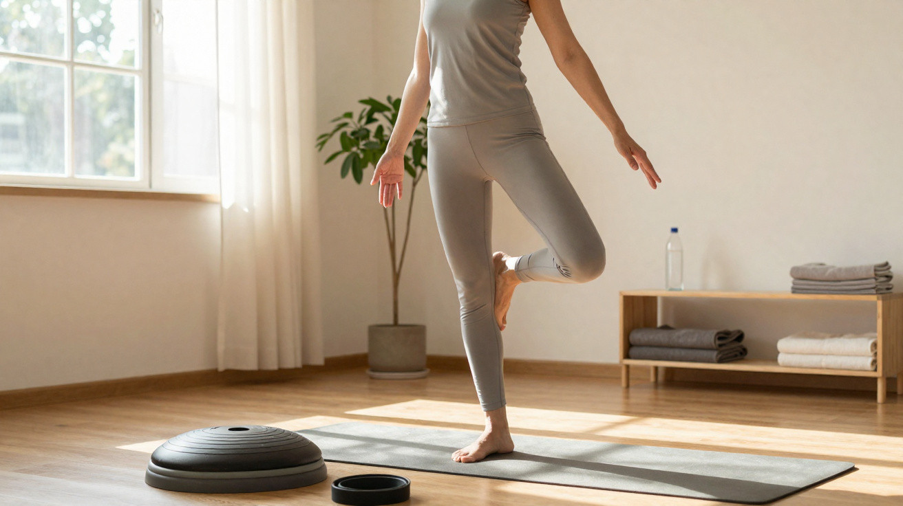 Frau in grauer Sportkleidung macht Yoga-Pose im hellen Raum mit Matte und Fitnessgeräten.