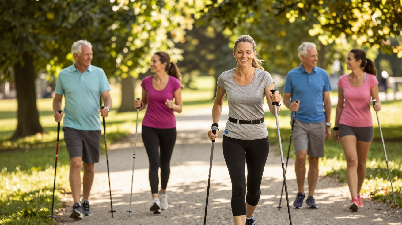 Fünf Personen beim Nordic Walking auf einem sonnigen Waldweg, zwei Männer und drei Frauen lachen und trainieren.