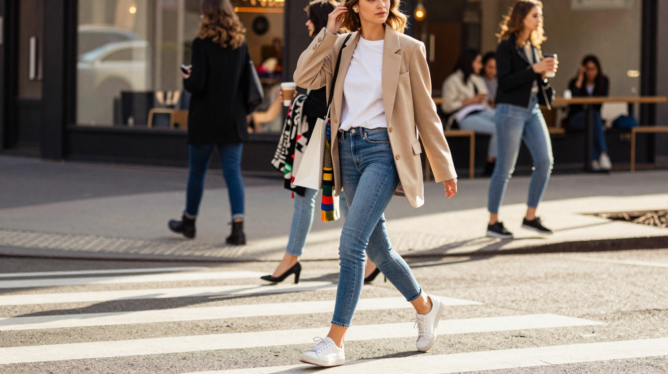 Frau mit beige Blazer und Jeans überquert Fußgängerüberweg in der Stadt bei Tag.