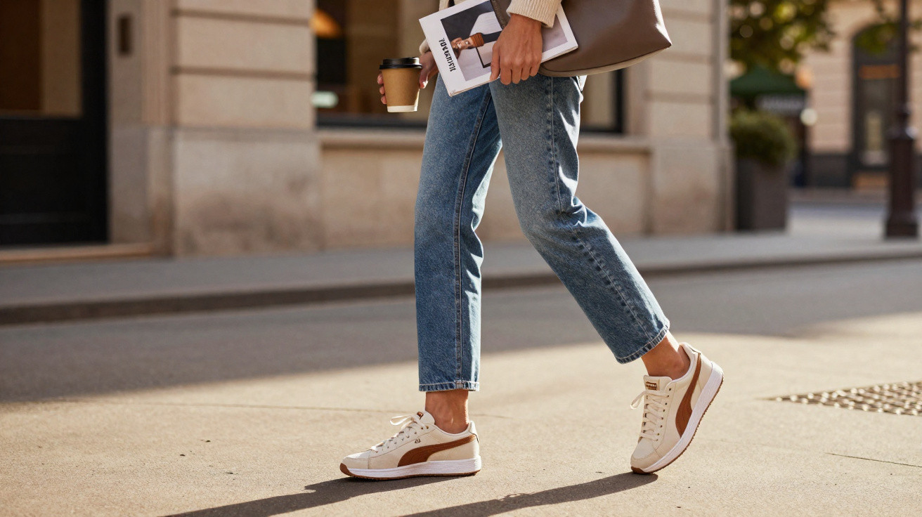 Person in Jeans und Sneakers geht mit Kaffeebecher und Tasche eine sonnige Straße entlang.